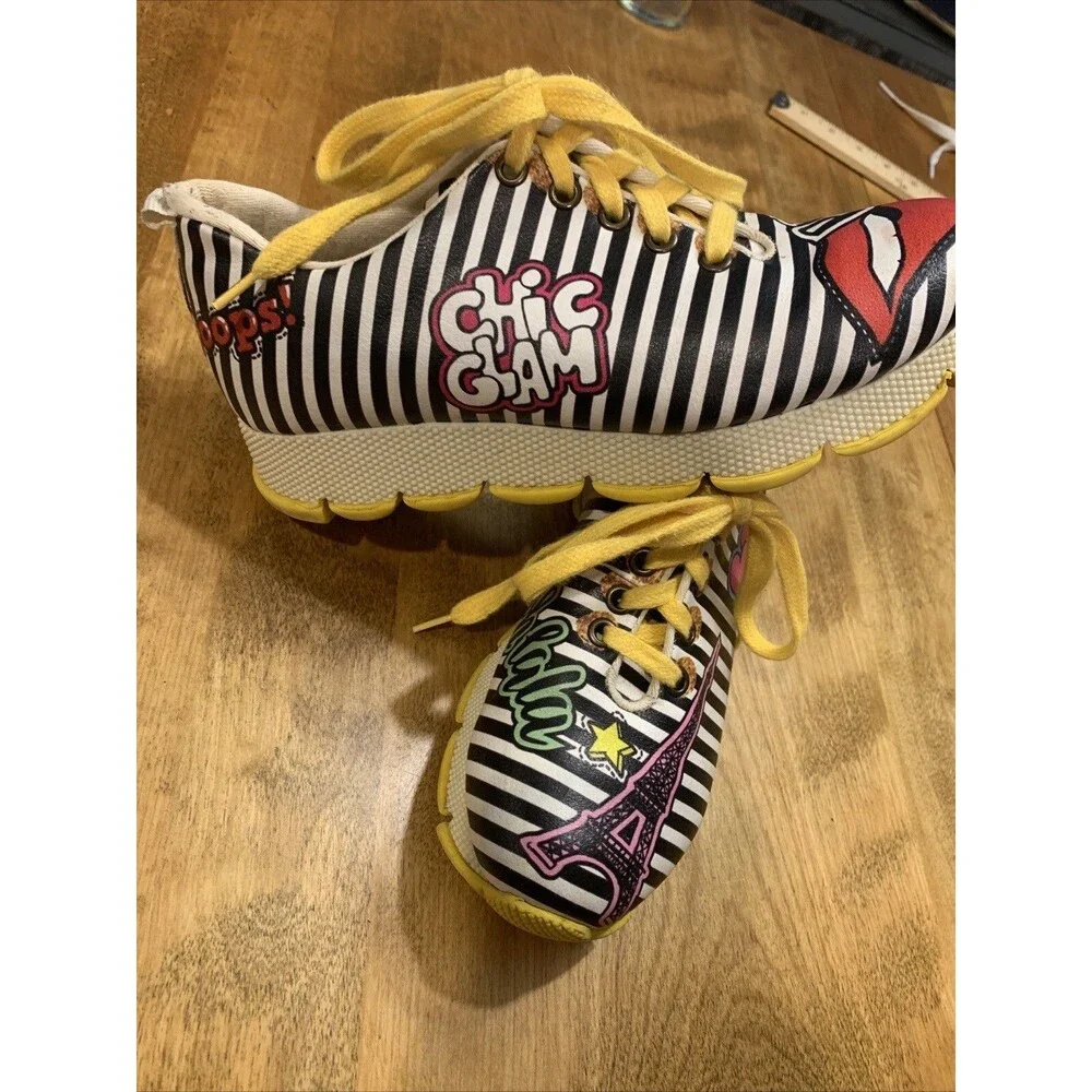 Black White Stripes Yellow Laces Sneakers Shoes by Goby Let Your Soul Free Sz 38